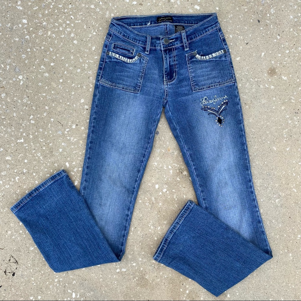 Womens Paco Jeans Blue Rhinestones Embroidery Faded Denim Size 3 EUC
